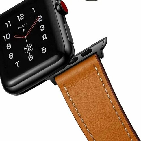 Кожаный ремешок для Apple Watch series 3 4 5 6 7 8 9 SE, в корпусах 42, 44,45,49. Светло-Коричневый белая прострочка /